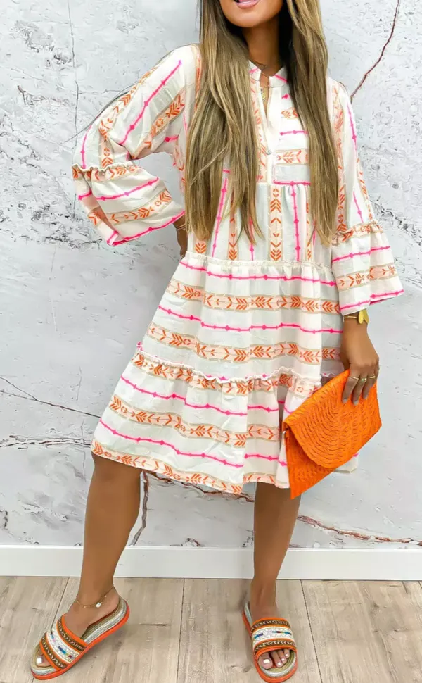Bohemian Printed Bracelet Sleeve Slit Neck Ruffled Loose Dress