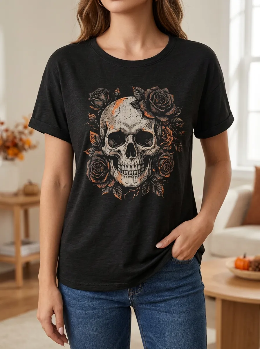 Women's Halloween Gothic Skull Rose Rolled Cuff Graphic T-Shirt