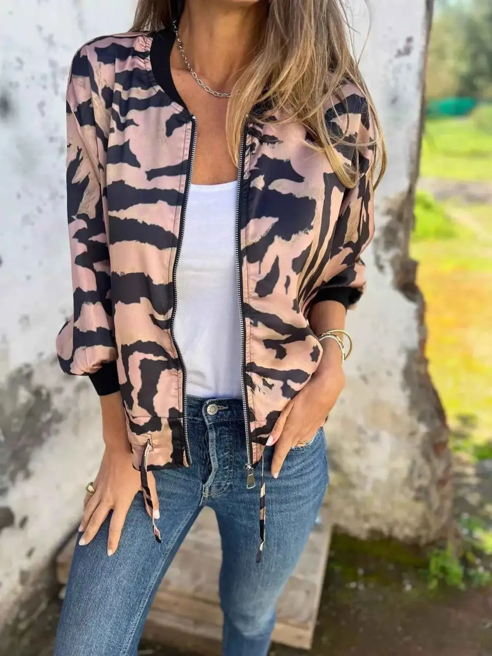 Plus Size Zip-Up Zebra Printed Bomber Jacket