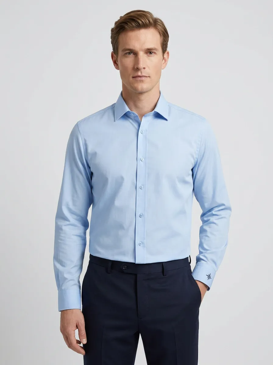 Men's Non-Iron Cotton Star Embroidered Long Sleeve Shirt