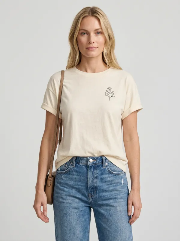 Women's Left-Chest Floral Line Art Printed T-shirt and Jeans Set