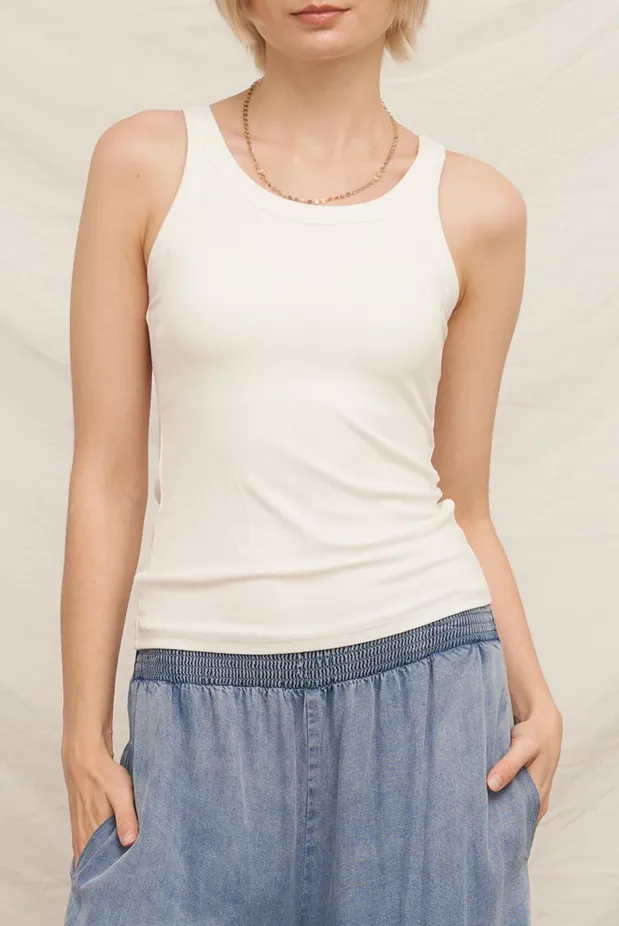 White Ribbed Scoop Neck Built-In Bra Tank