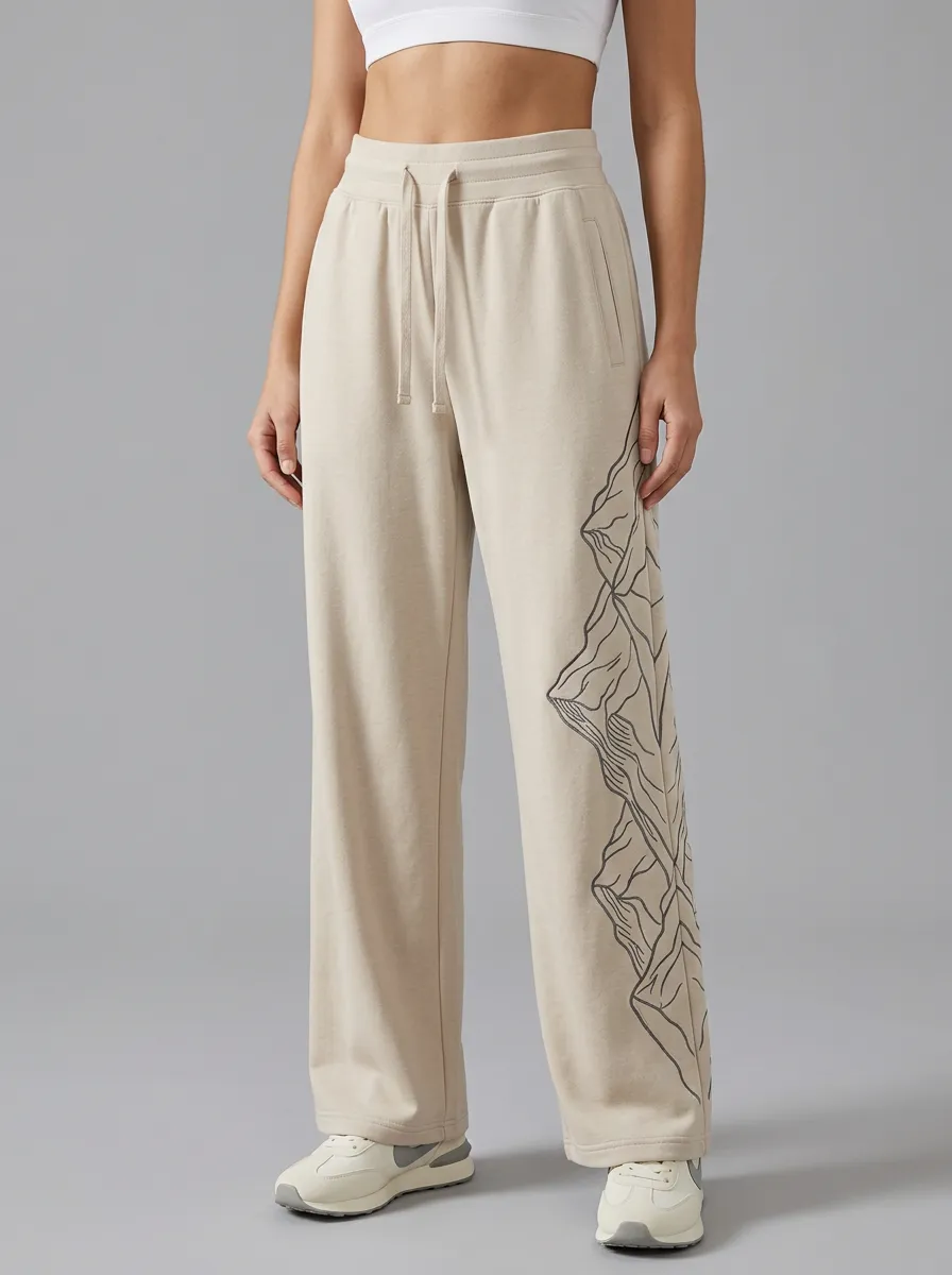 Women's Beige Mountain Graphic Wide-Leg Sweatpants