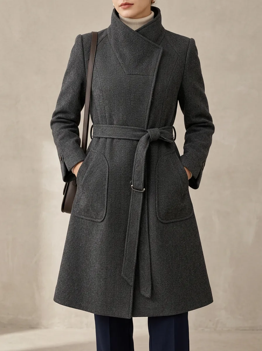 Herringbone Belted Wool Look Women's Coat in Neutral with a Softly Defined Shape