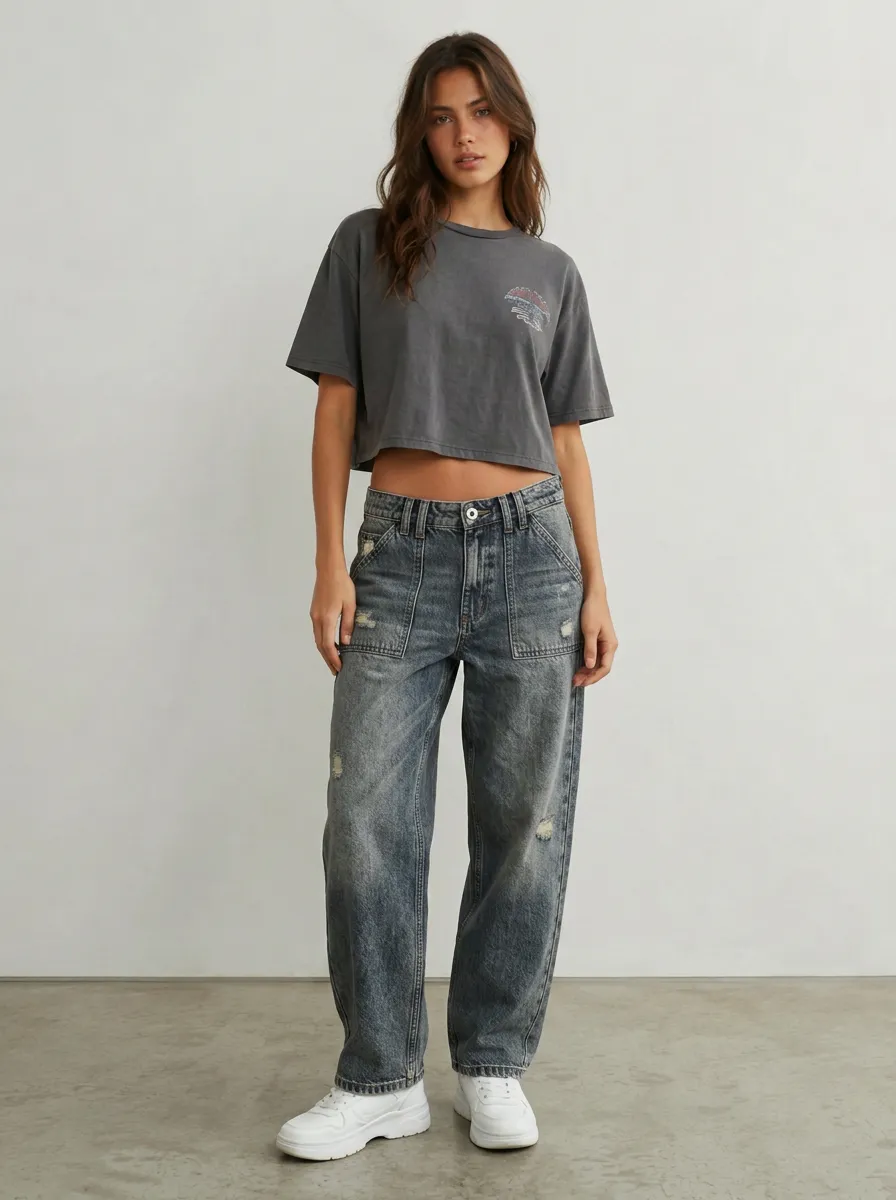 Women's Casual Vintage Distressed Wide Leg Denim Pocket Detail Baggy Jeans