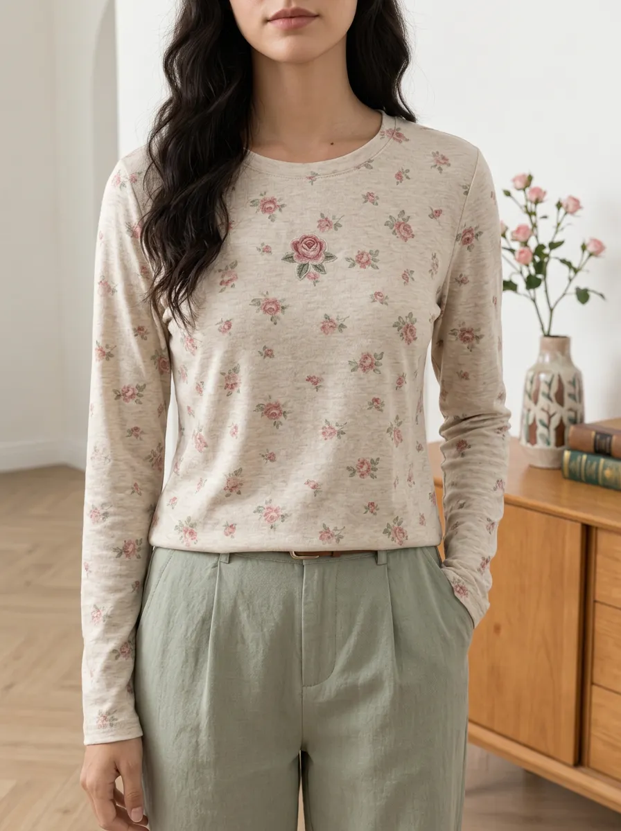Women's Romantic Everyday Sweet Style Floral Rose Printed Long Sleeve T-shirt