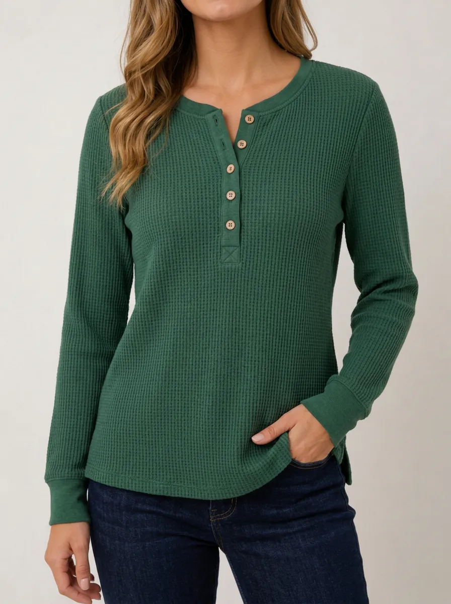 Refined Leisure Waffle Knit Button Down Henley Top