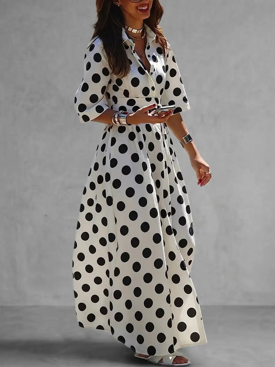 Polka Dot Buttoned Shirt Maxi Dress