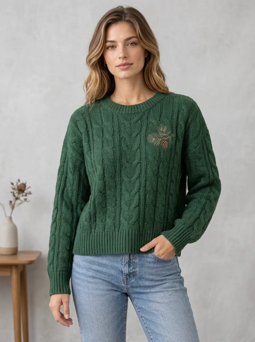 Women's Forest Green Cable Knit Embroidered Sweater