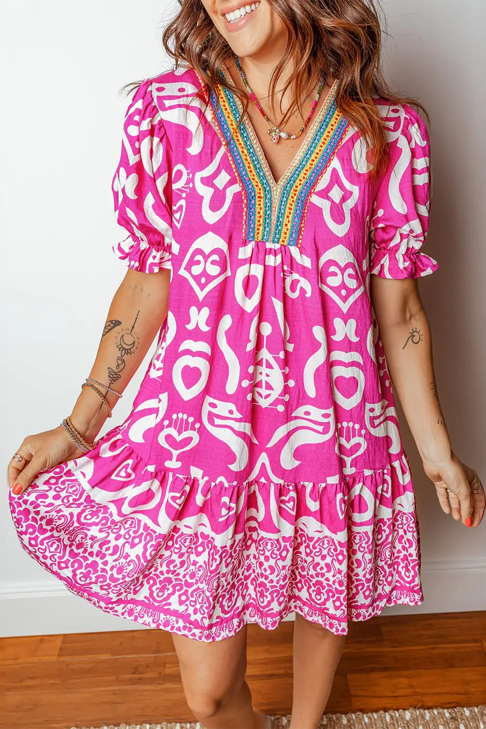 Women's Printed V Neck Short Sleeve Flared Mini Dress