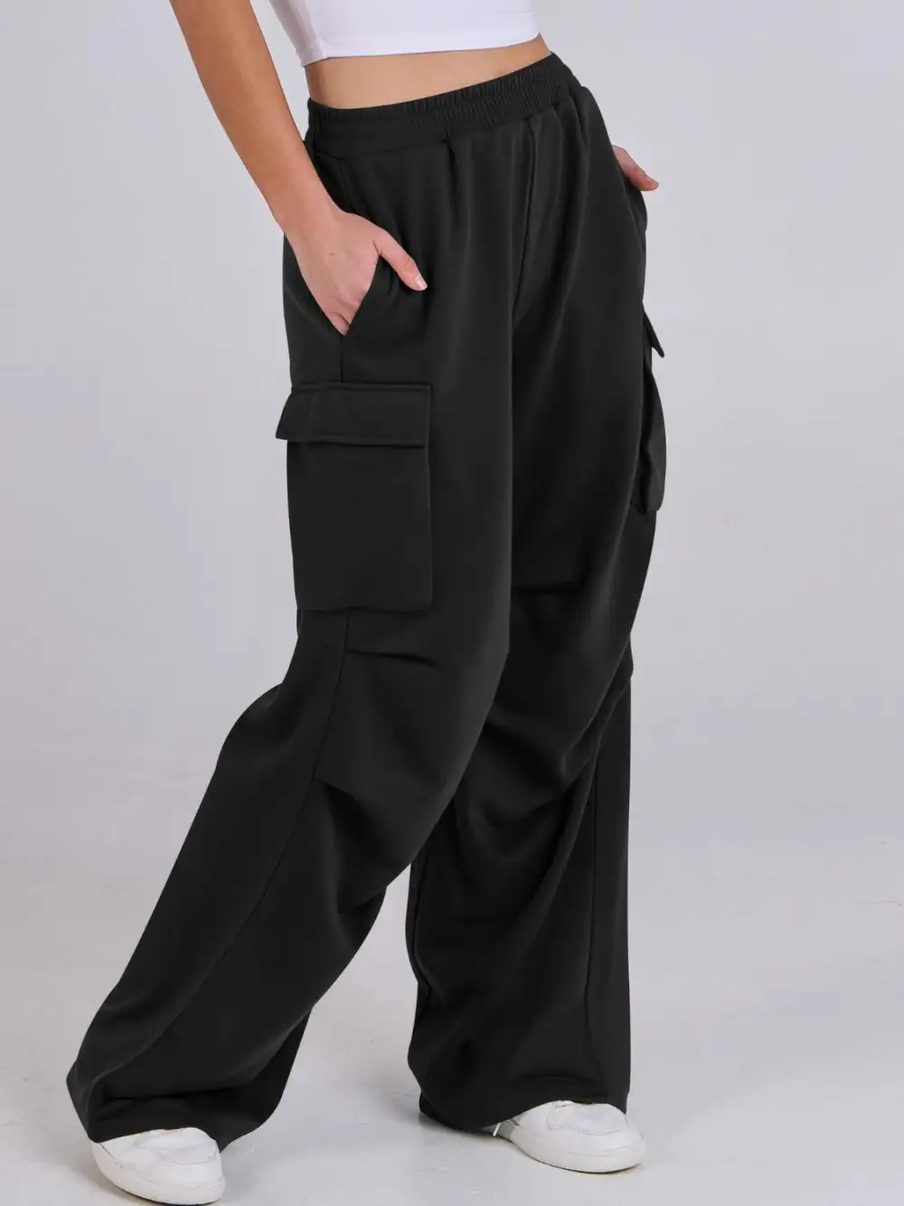 Elastic Waist Wide Leg Pants With Pocket