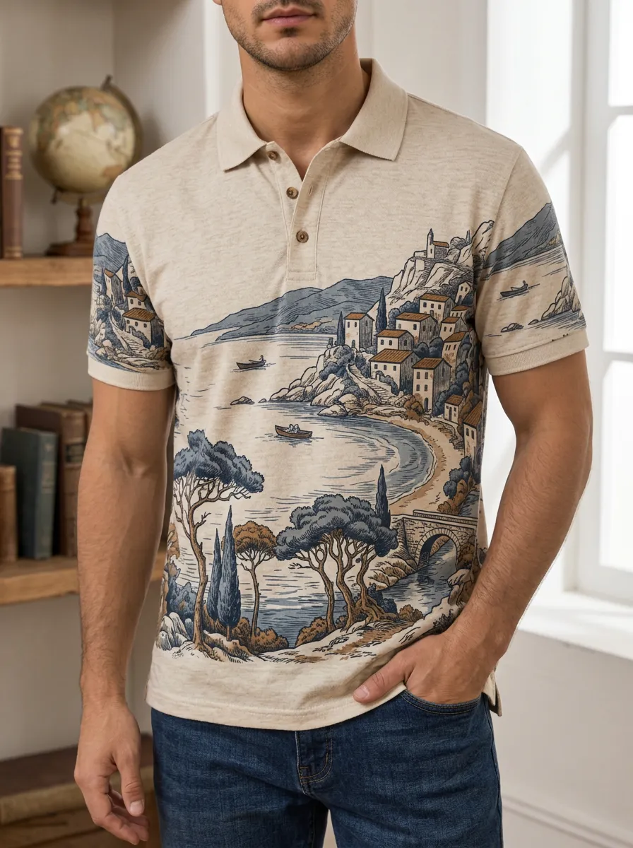 Men's Mediterranean Coastal Village Landscape Printed Polo Shirt