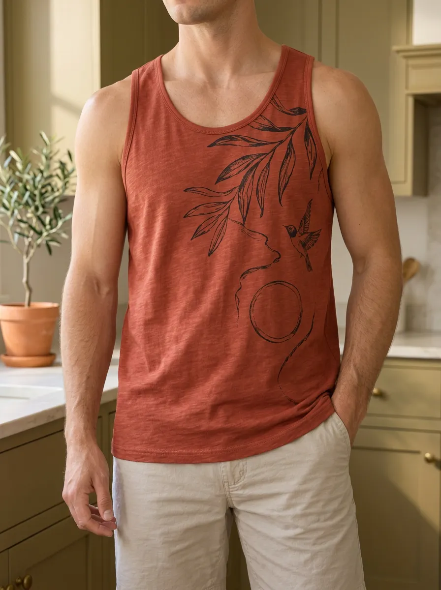 Men's Nature Hummingbird Botanical Linear Tank Top