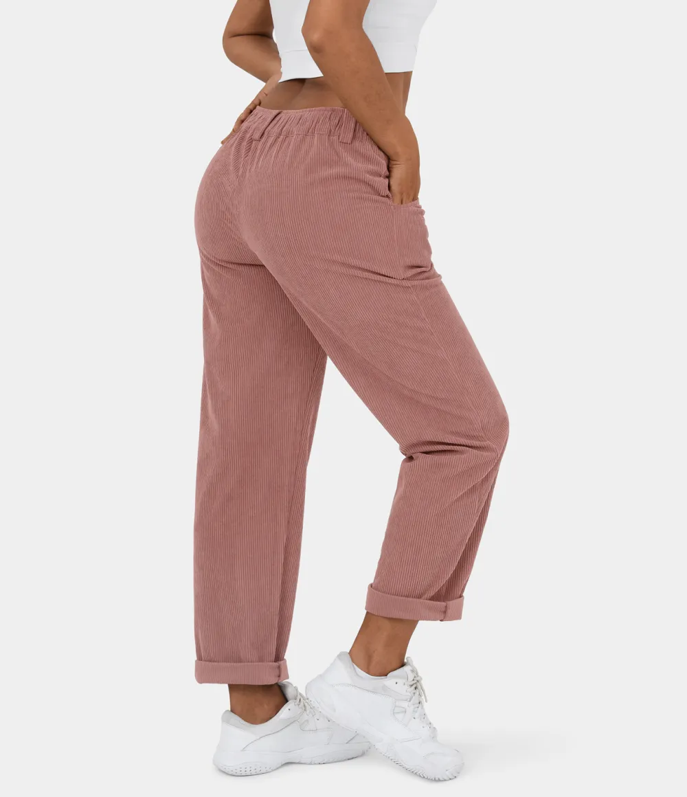 Mid Rise Button Zipper Side Pocket Corduroy Casual Pants