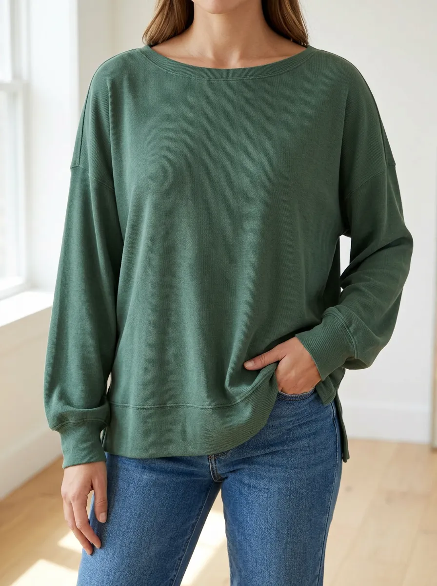 Casual Style Boat Neck Ribbed Texture Women's Long Sleeve Tee