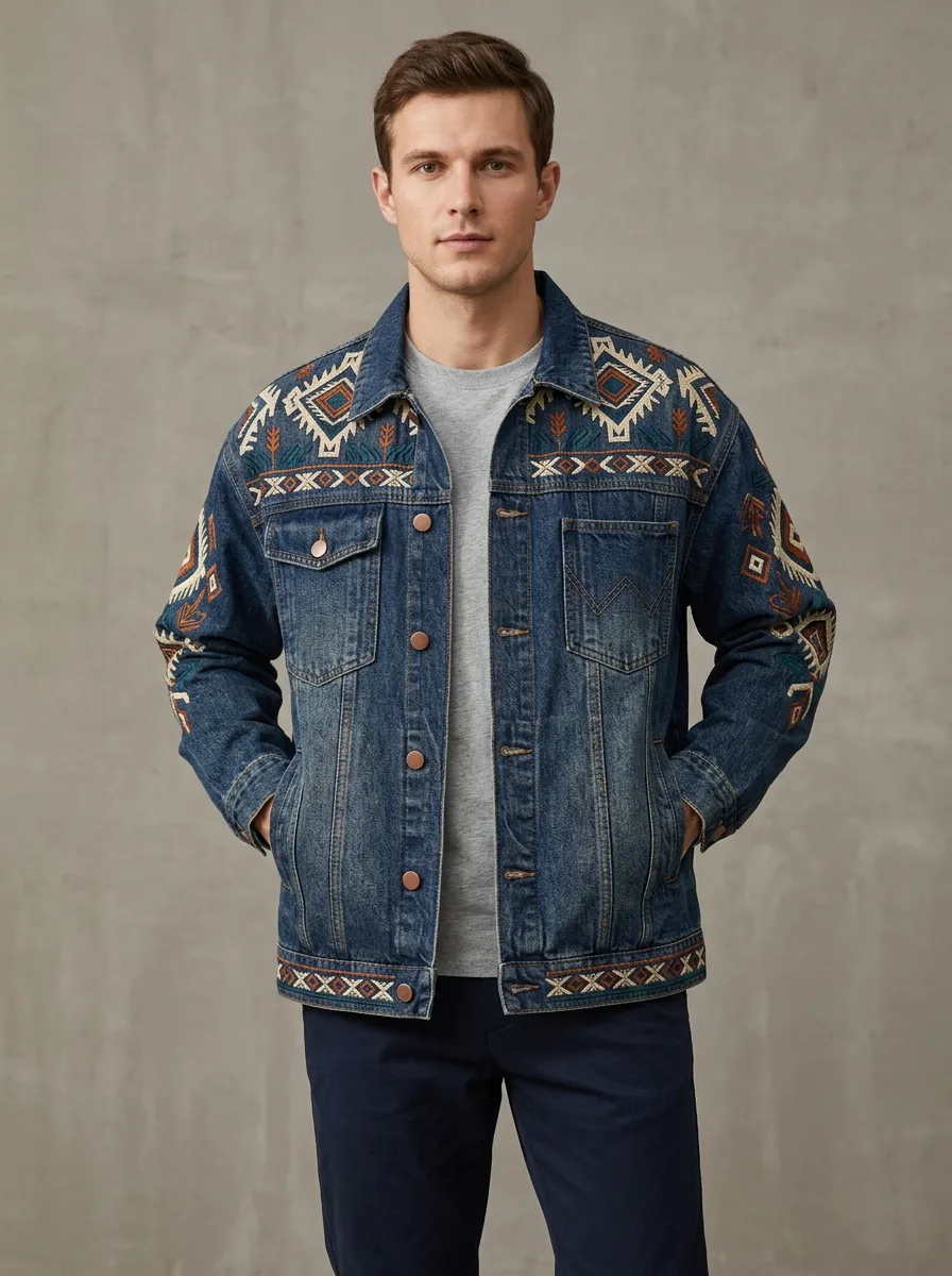 Men's Aztec Geometric Embroidered Denim Jacket