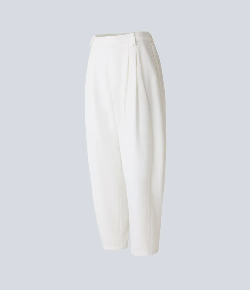 Mid Rise Plicated Side Pocket Barrel Leg Work Pants