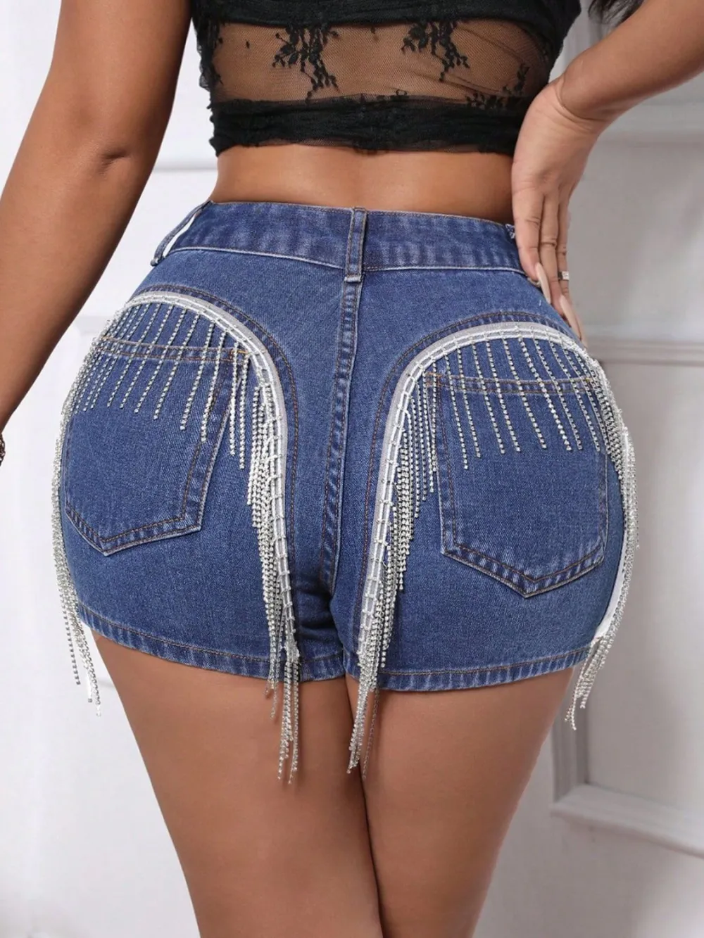 Fringe Back Shorts Pocket Denim Pants