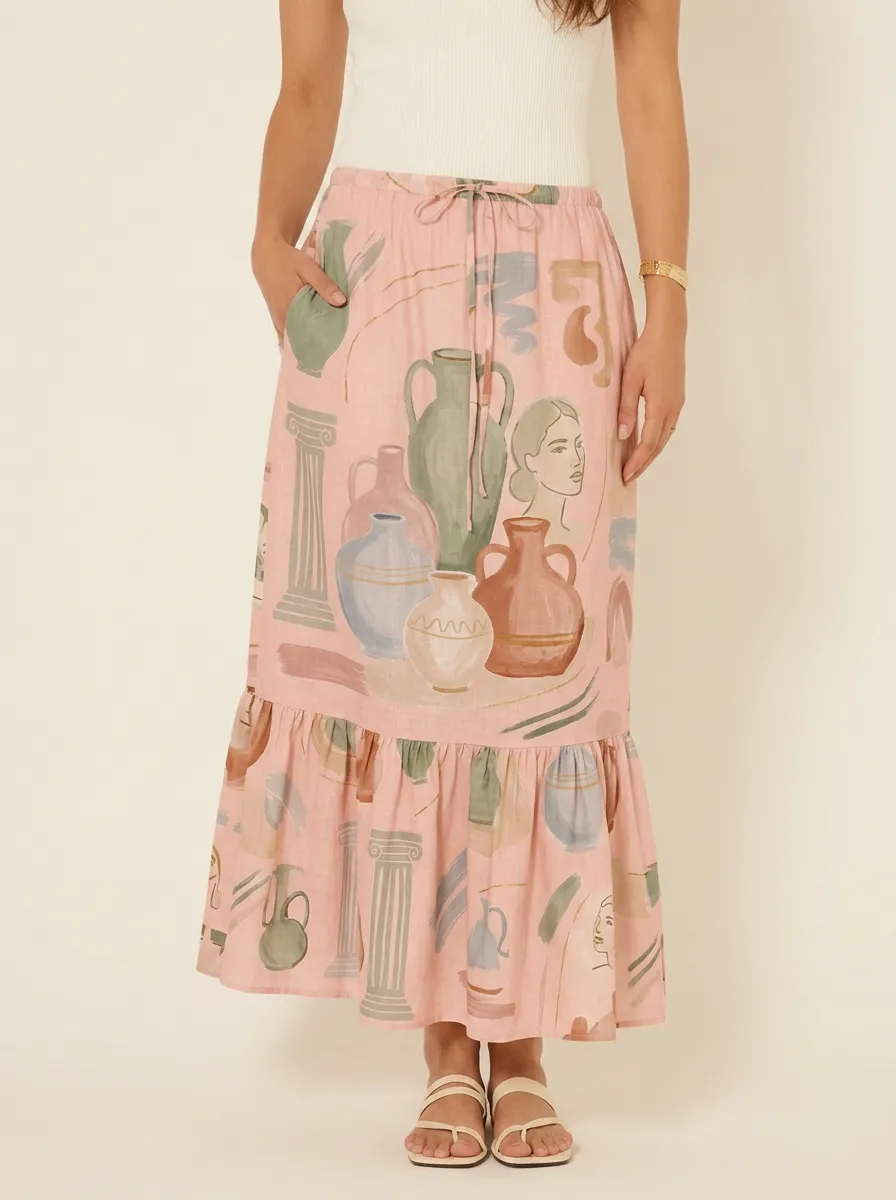 Women's Greek Art Lover Ancient Vase Column Printed Midi Skirt