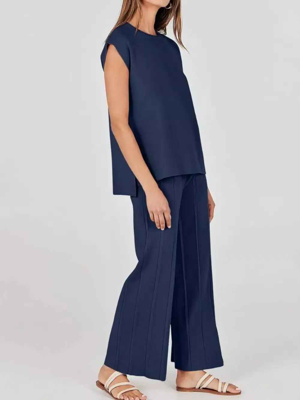 Casual Solid Cap Sleeve Top and Pants Knit Set