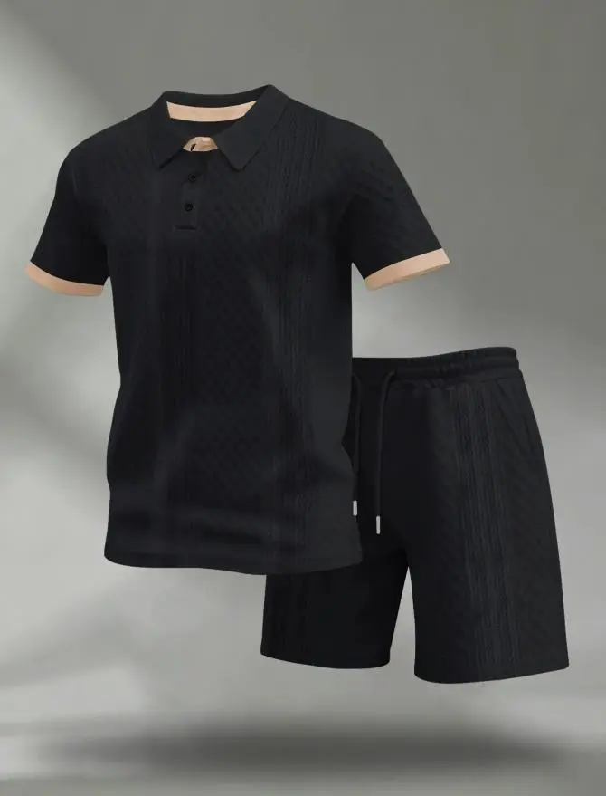 Men's Colorblock Polo Shirt & Drawstring Shorts Set, Textured Knit Short Sleeve, Casual Daily Wear, Summer Tropical Fashion Choice, Menswear, Clothes
