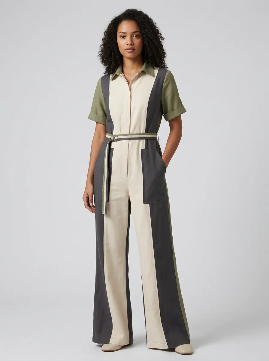 Women's Sierra Patchwork Colorblock Belted Jumpsuit