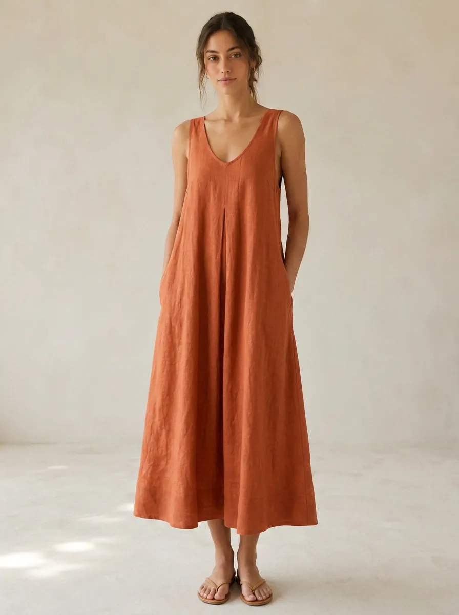 Women's Open-Air Casual Linen Midi Backless Dress