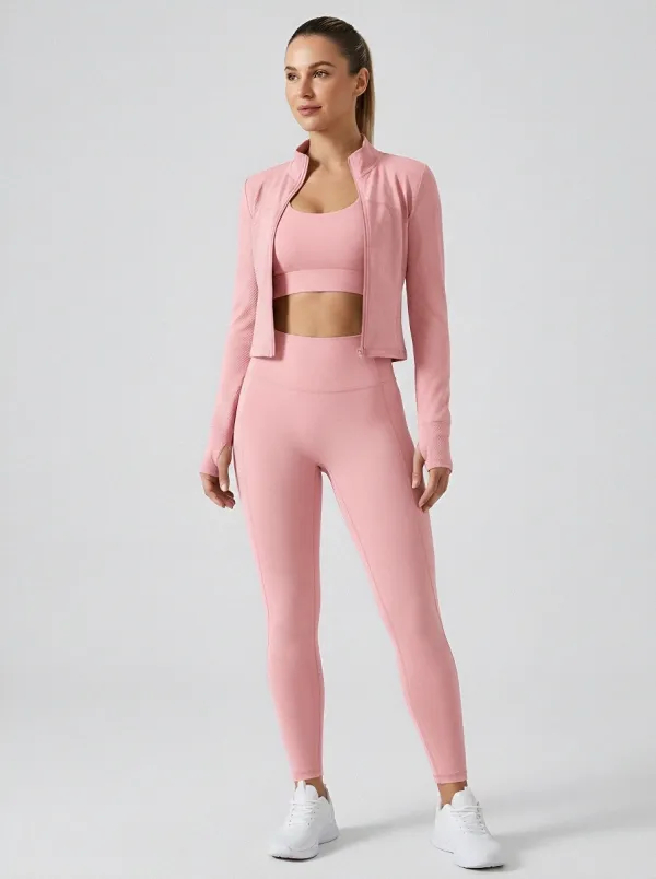 Training Textured Detail Zip Detail Style Women's Three Piece Activewear Set