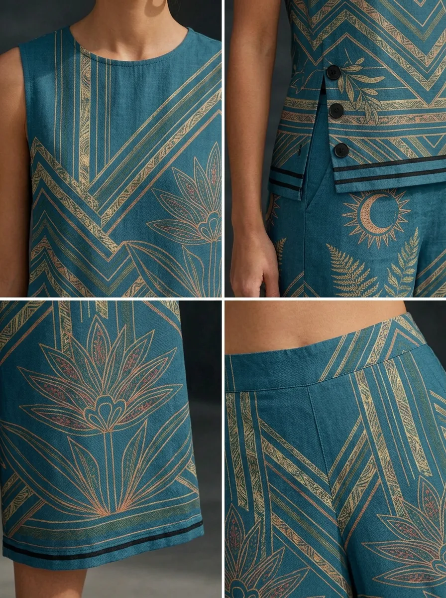 Women's Bohemian Moon Fern Geometric Printed Sleeveless Set