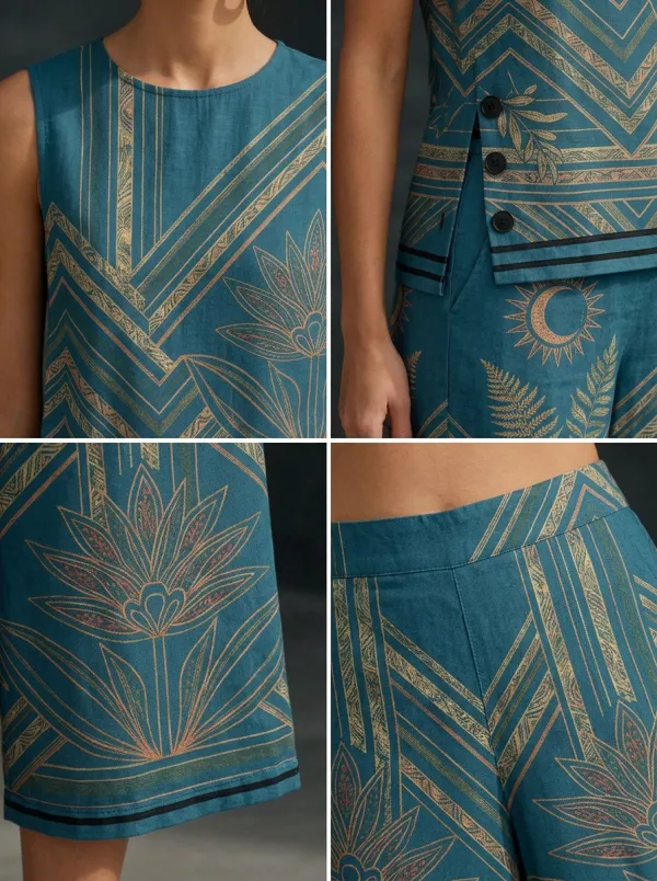 Women's Bohemian Moon Fern Geometric Printed Sleeveless Set
