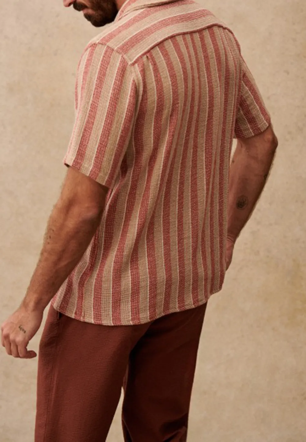 Rust Beige Stripe Textured Short Sleeve Camp Shirt
