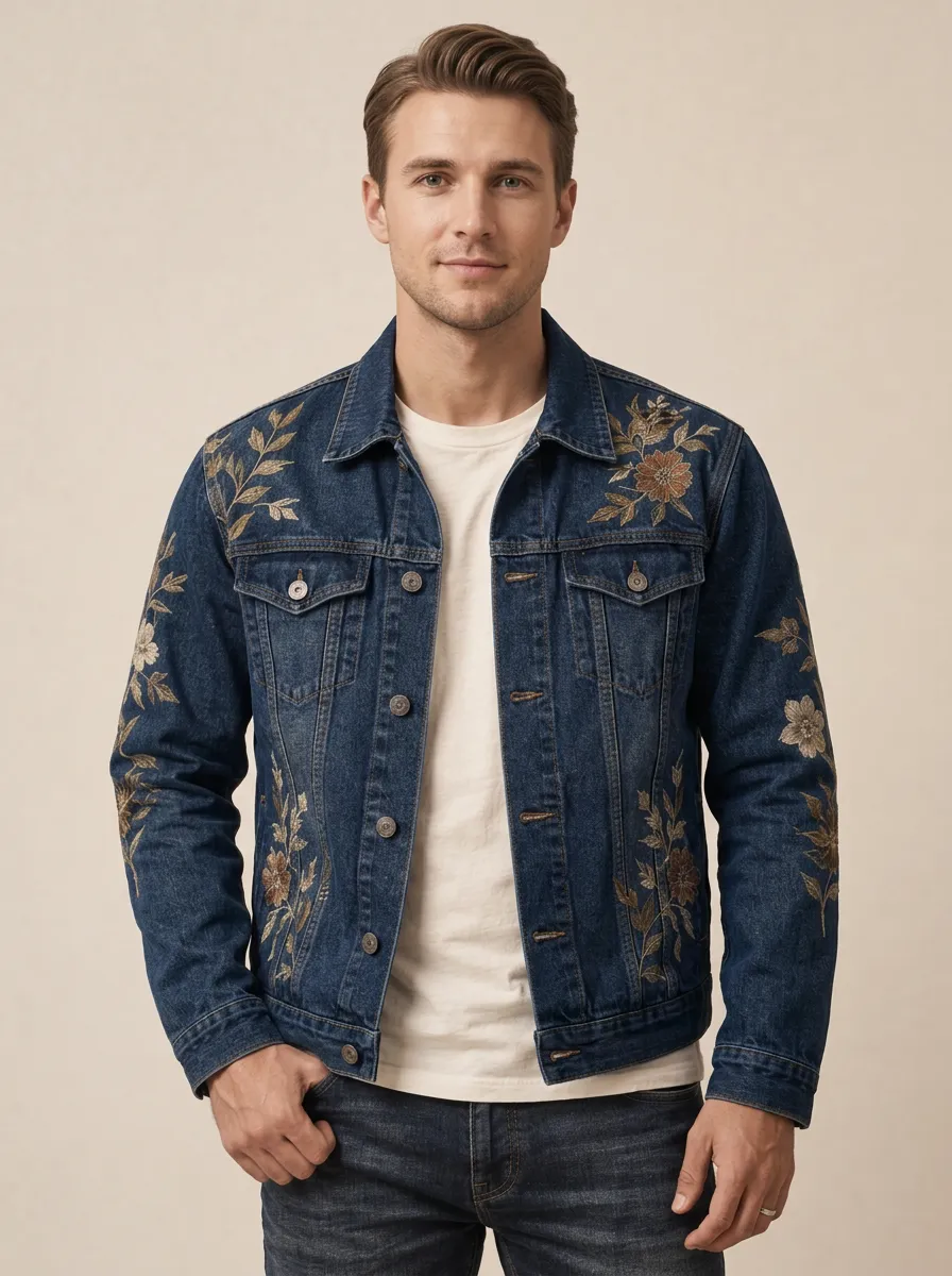Men's Floral Nature Inspired Embroidered Printed Denim Jacket