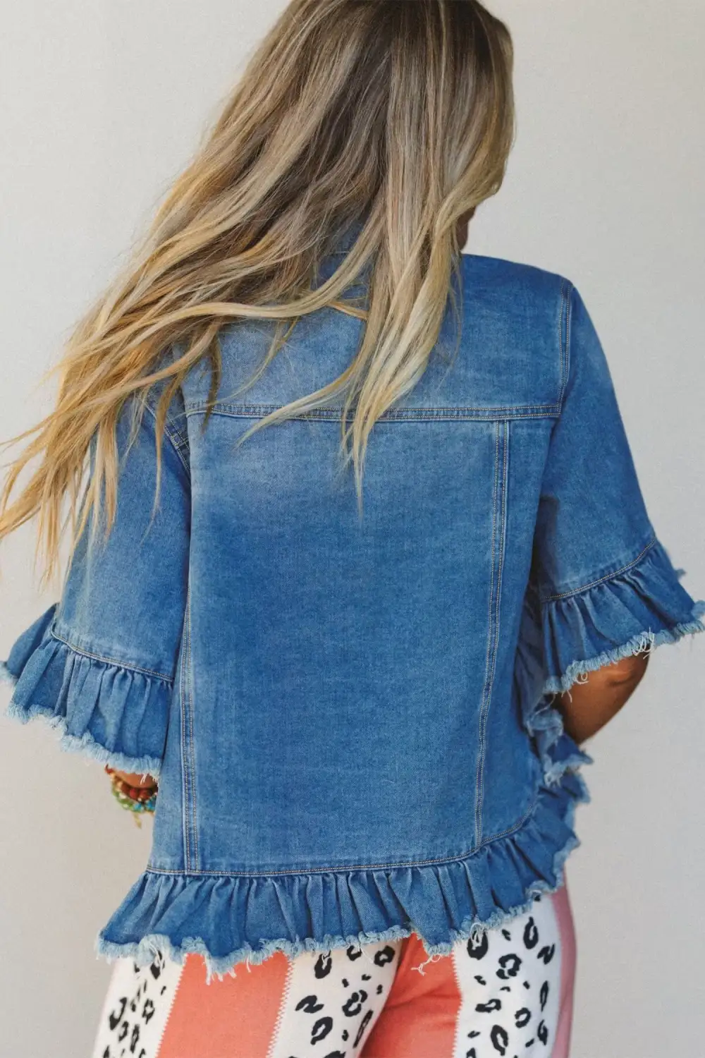 Women's Ruffle Hem Raw Edge Half Sleeve Western Denim Jacket