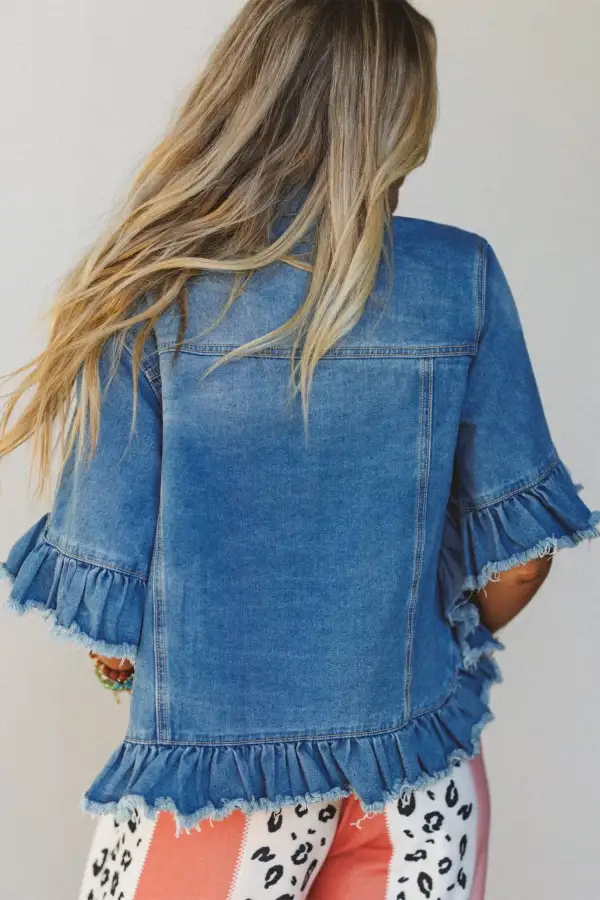 Women's Ruffle Hem Raw Edge Half Sleeve Western Denim Jacket