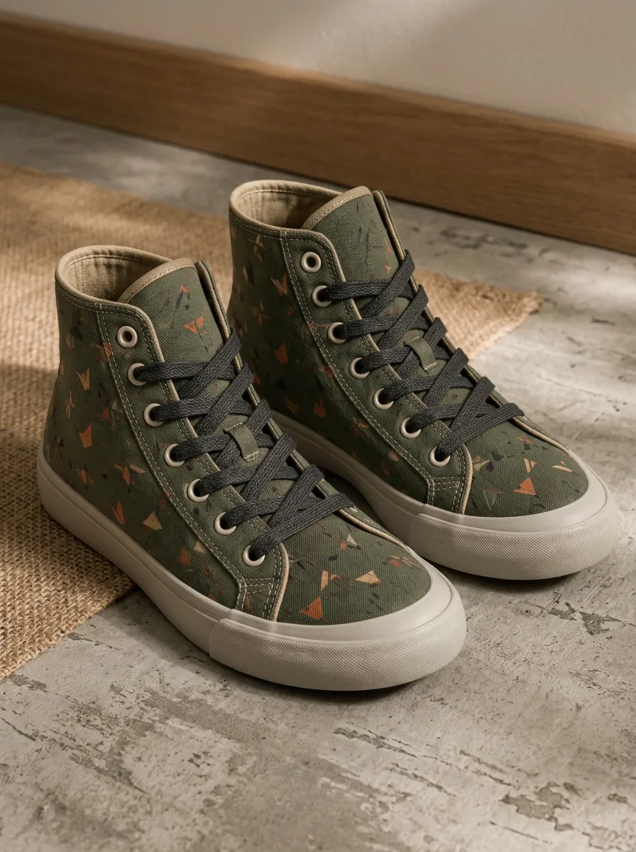Men's Olive Green Geometric Triangle Printed Canvas Shoes