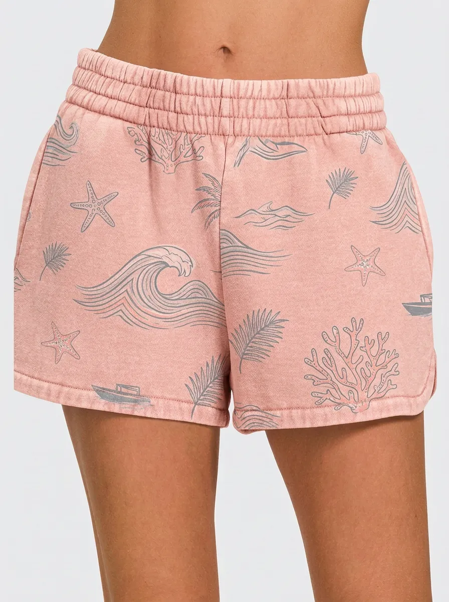 Women's Coastal Ocean Wave Starfish Coral Graphic Shorts