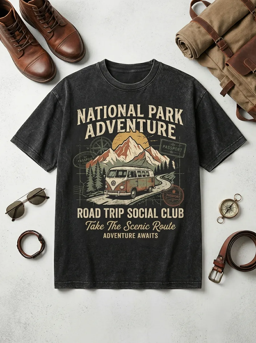 Unisex National Park Adventure Camper Van Printed T-shirt