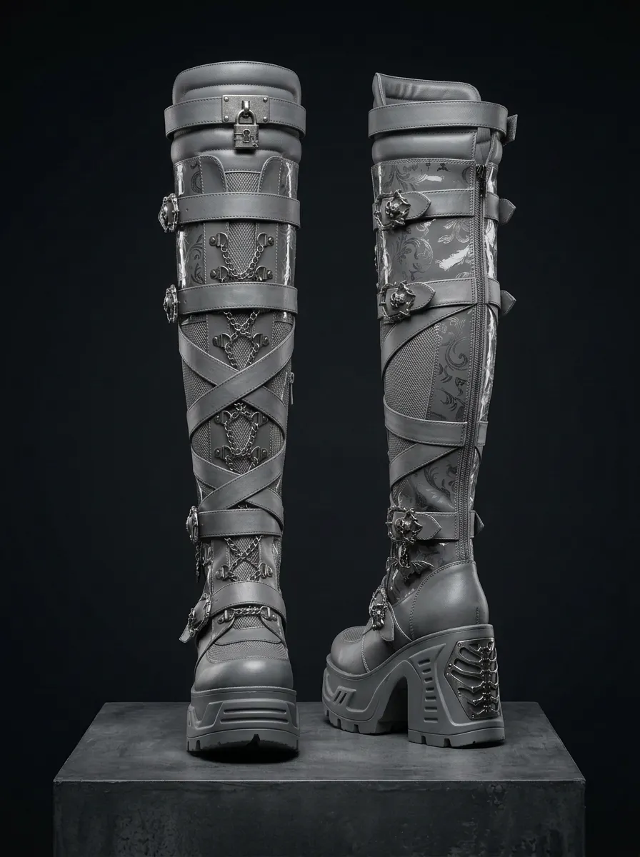 Midnight Skull Chain Punk Design Women's Gothic Platform Knee High Boots