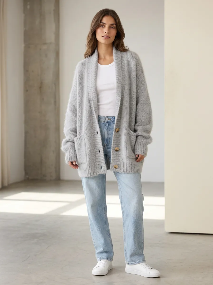 Women's Casual Grey Oversized Button-Down Knit Cardigan