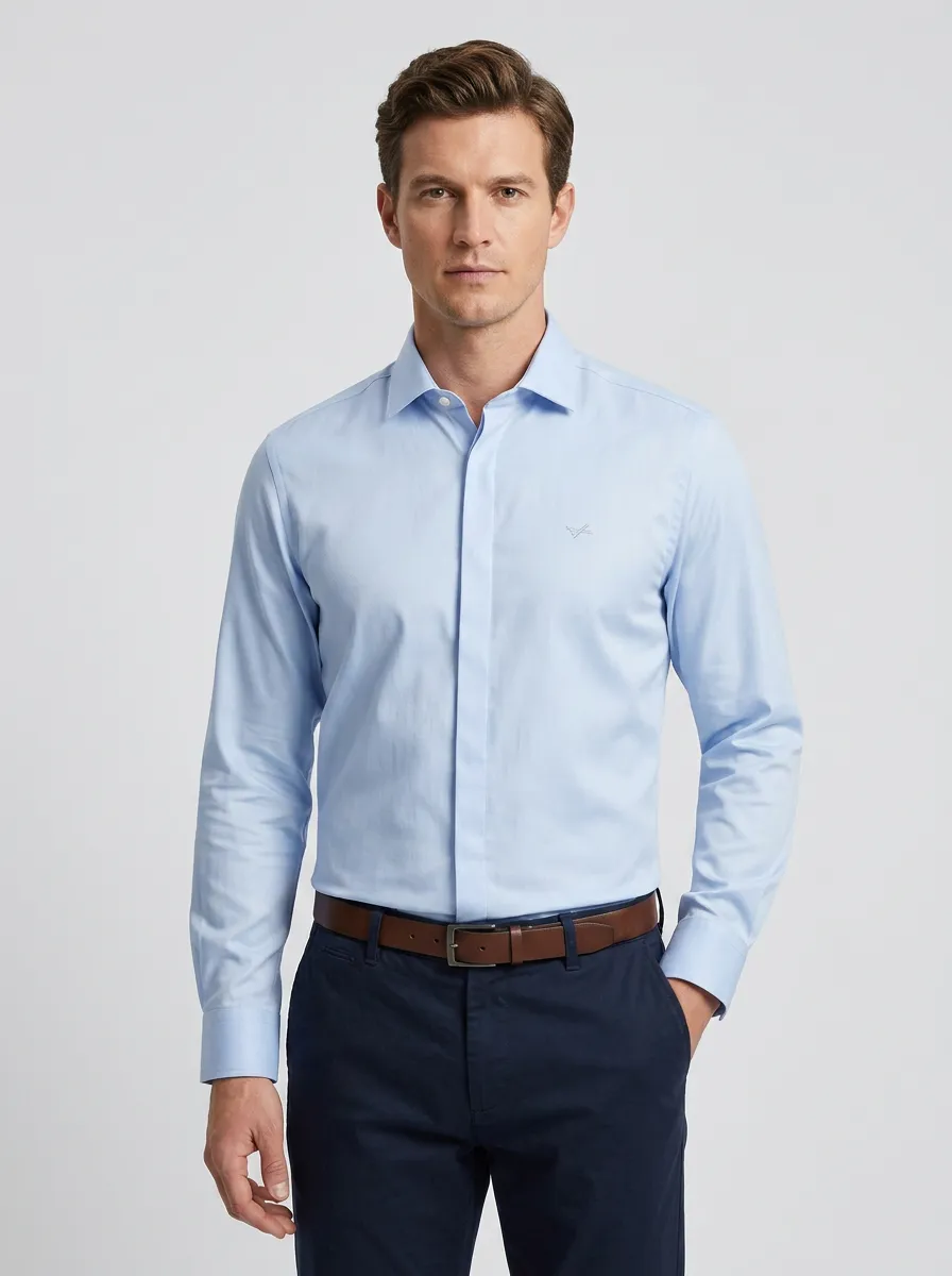 Men's Non-Iron Cotton Light Blue Embroidered Logo Long Sleeve Shirt
