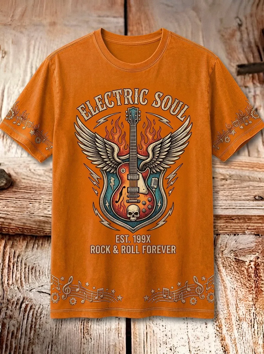 Unisex Rock Music Lover Electric Guitar Winged Skull Printed T-shirt