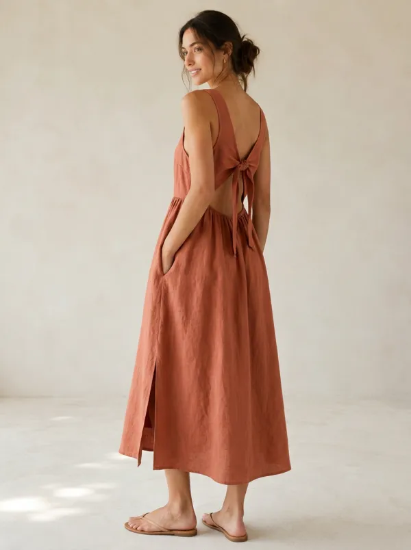 Women's Classic Casual Tie-Back Linen Backless Dress