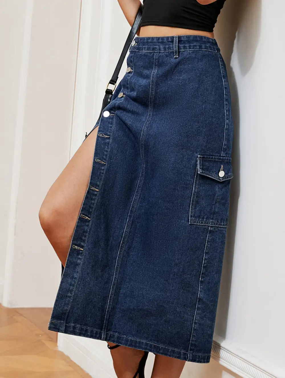 Denim Elastic Waist Midi Skirt