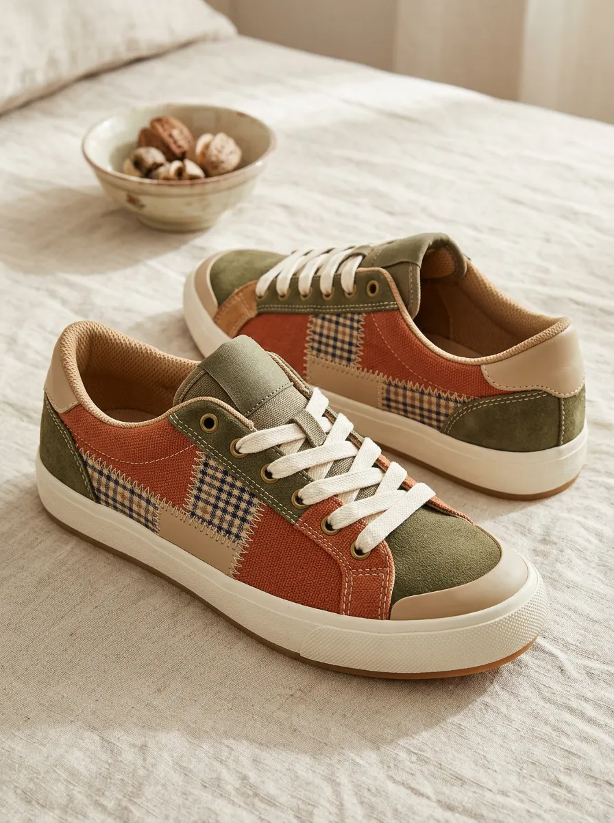 Women's Vintage Patchwork Plaid Printed Canvas Sneakers