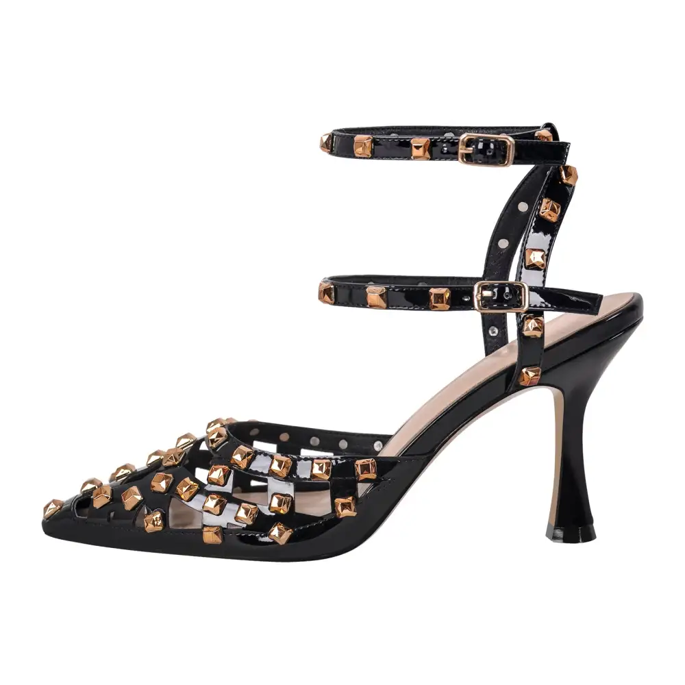 Rivet Pointed Toe Stiletto Ankle Strap Pumps