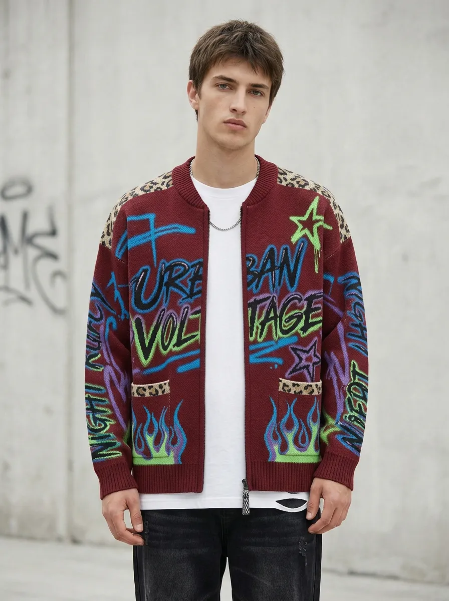 Men's Streetwear Graffiti Leopard Flame Printed Knit Cardigan