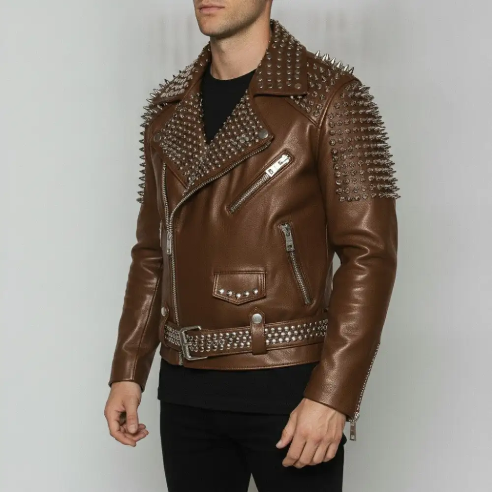 Modern Leather Biker Studded Belted Jacket