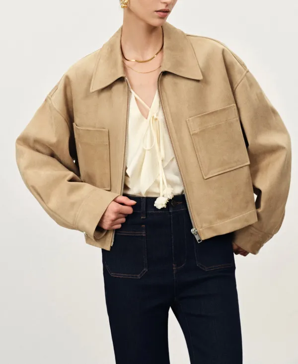 Cropped Pleated Faux Suede Jacket