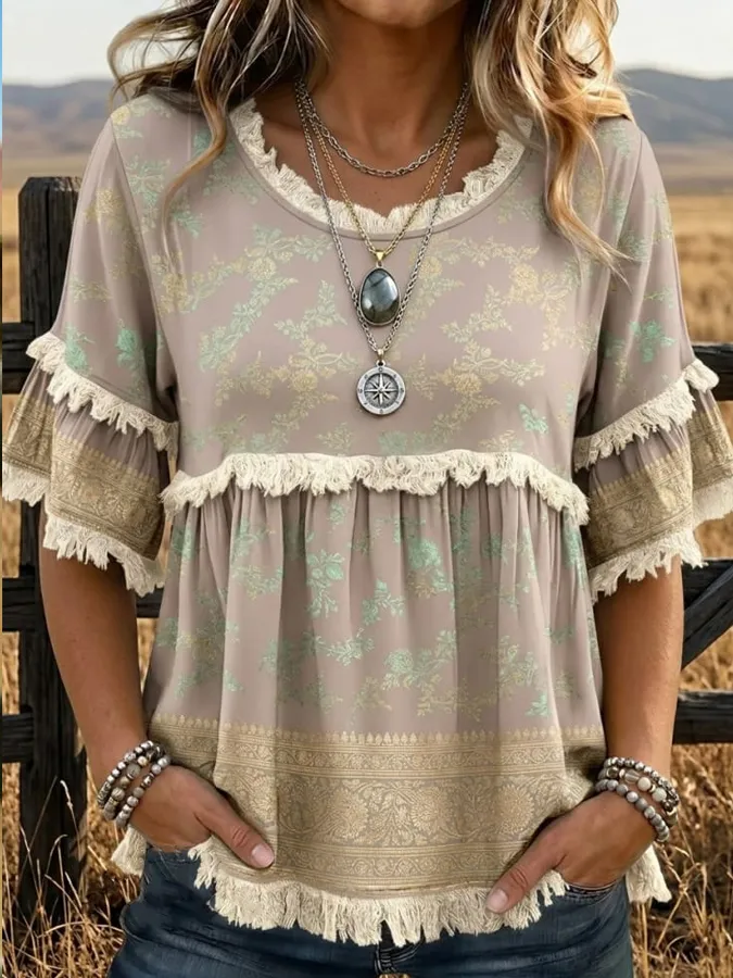 Women'S Retro Printed Fringed Cotton And Linen Shirt