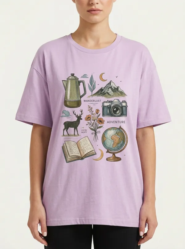Women's Wanderlust Adventure Travel Elements Graphic T-Shirt